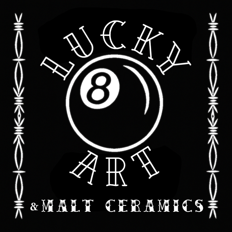 Logo for Lucky Art, featuring an eight ball in the middle surrounded by the text 'Lucky Art & Malt Ceramics